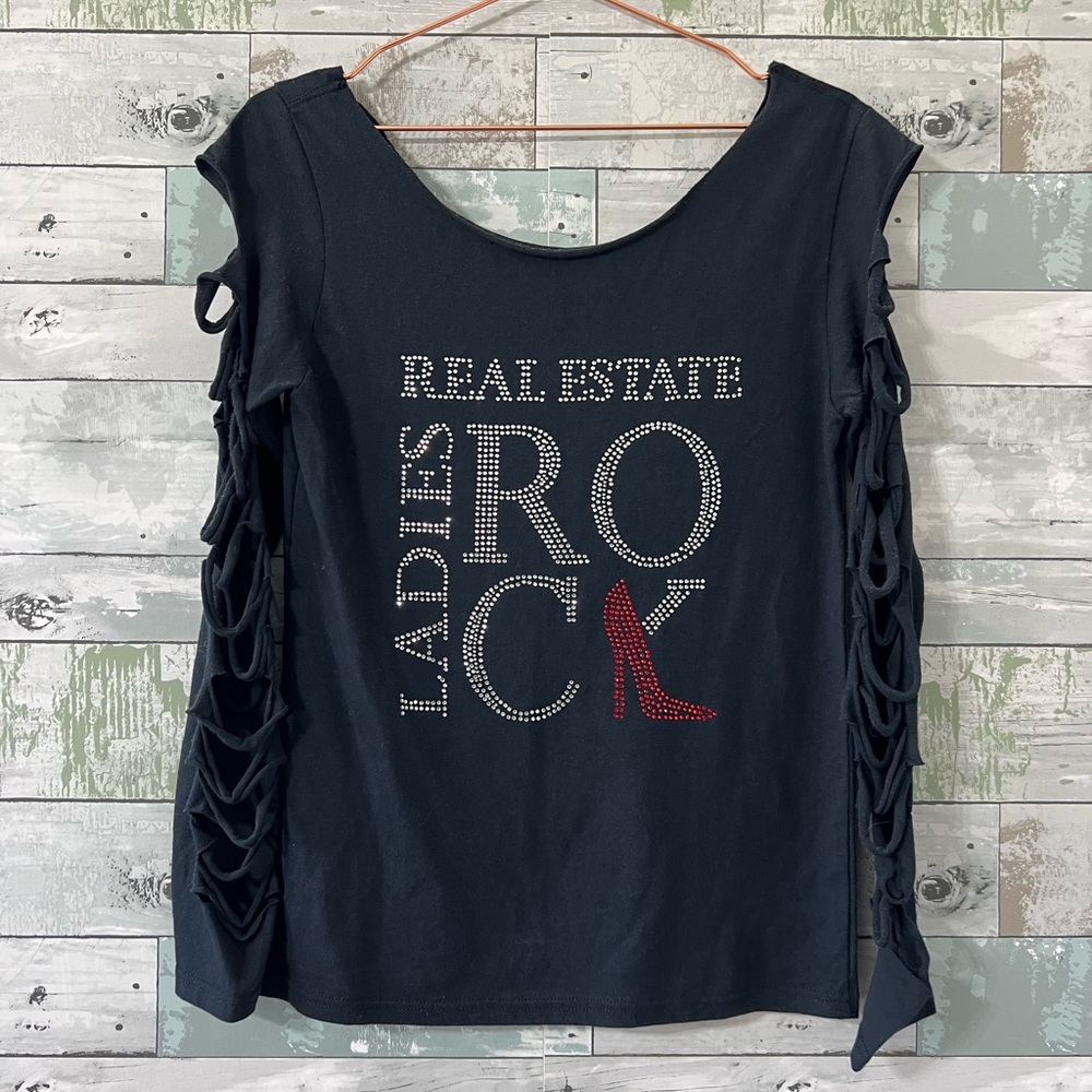 Real Estate Ladies Rock Bling Black Top